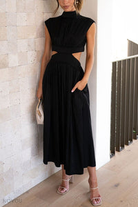 Sommer-Midikleid | Rollkragen | Taillenausschnitt | Ärmellos | Locker-Schwarz-S-Luzern Mode