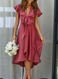 Sommerkleid | Einfarbig | Knielang | Fließender Polyester | Leicht-Rot-S-Luzern Mode