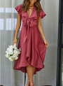 Sommerkleid | Einfarbig | Knielang | Fließender Polyester | Leicht-Rot-S-Luzern Mode