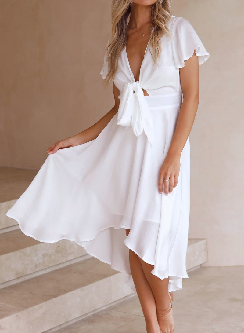 Sommerkleid | Einfarbig | Knielang | Fließender Polyester | Leicht-Weiß-S-Luzern Mode