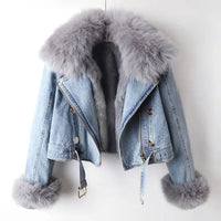 Damen Jeansjacke mit Fellkragen - Modische Winterjacke-Blau-XS-Luzern Mode
