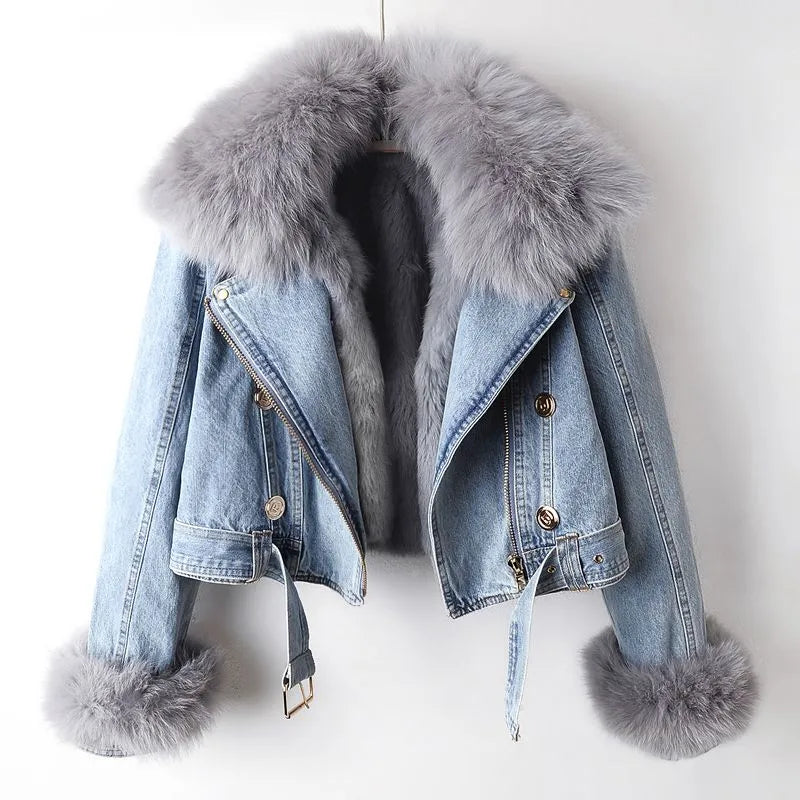 Damen Jeansjacke mit Fellkragen - Modische Winterjacke-Blau-XS-Luzern Mode