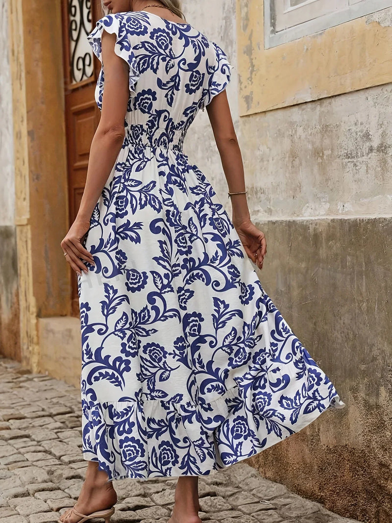 Elegantes Maxikleid mit V-Ausschnitt und Rüschenärmeln-Luzern Mode