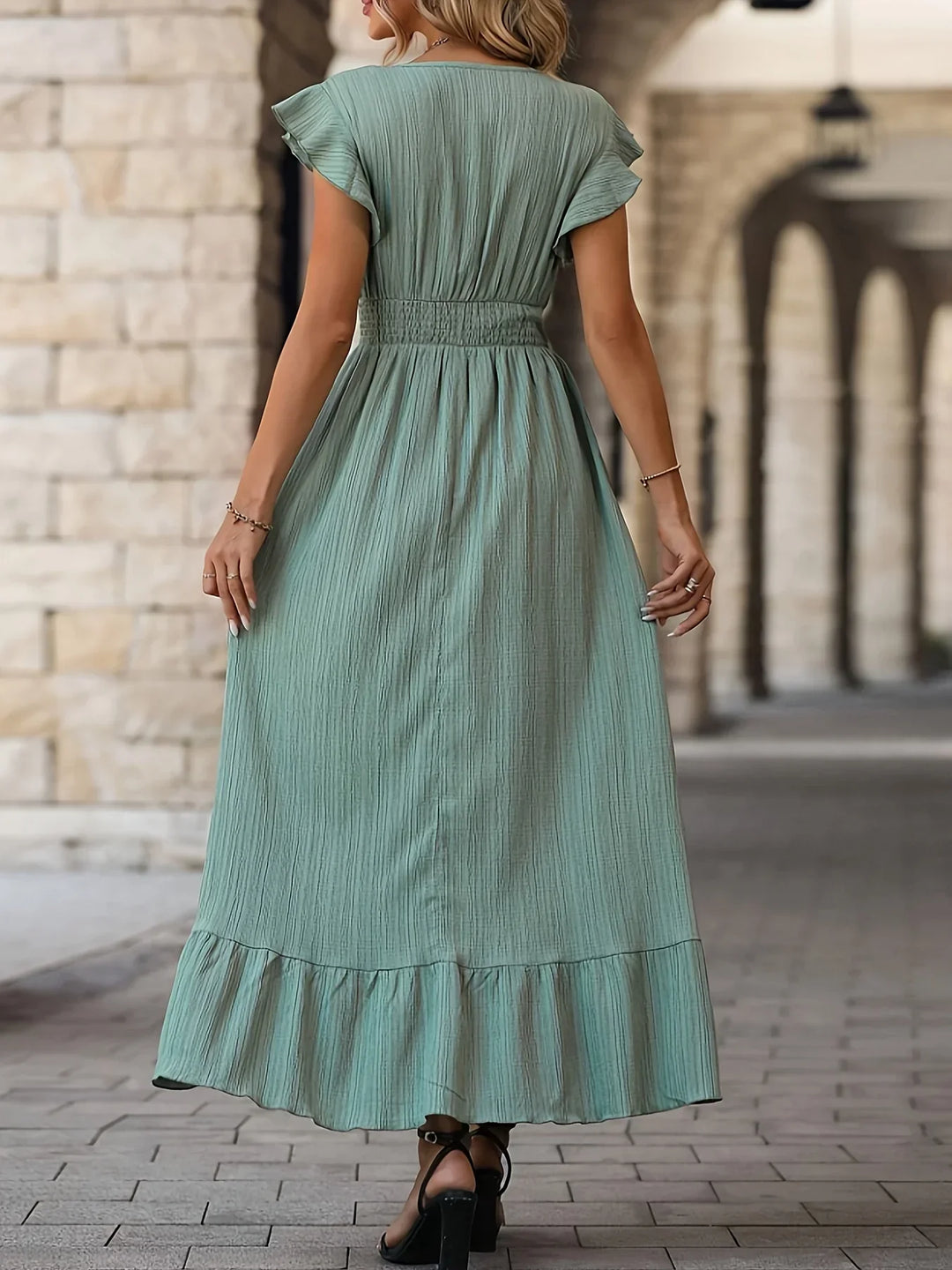 Elegantes Maxikleid mit V-Ausschnitt und Rüschenärmeln-Luzern Mode