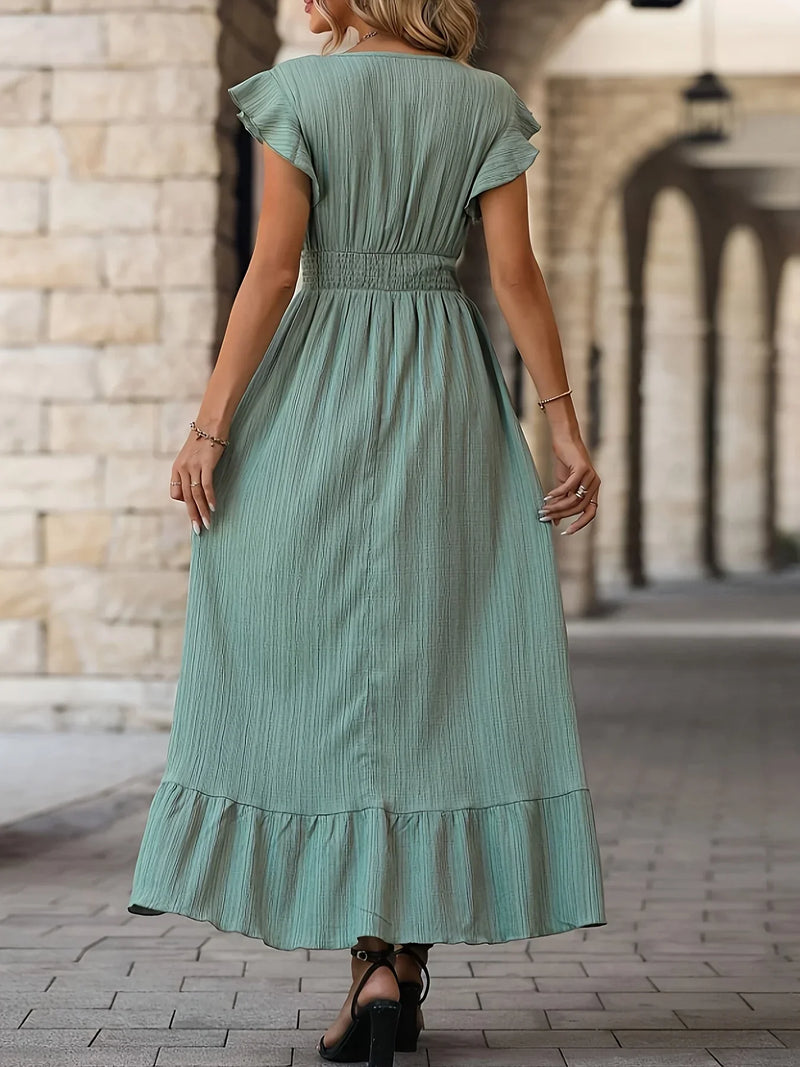 Elegantes Maxikleid mit V-Ausschnitt und Rüschenärmeln-Luzern Mode