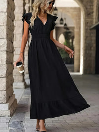Elegantes Maxikleid mit V-Ausschnitt und Rüschenärmeln-S-Schwarz-Luzern Mode