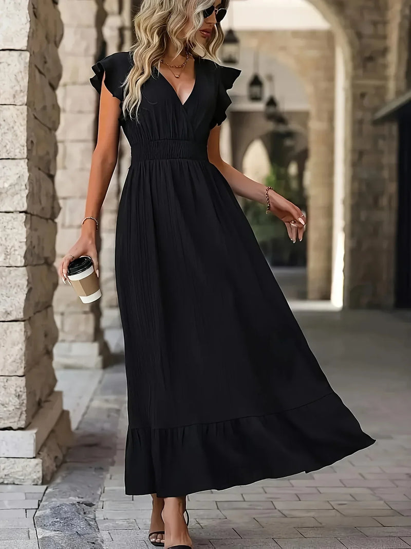 Elegantes Maxikleid mit V-Ausschnitt und Rüschenärmeln-S-Schwarz-Luzern Mode