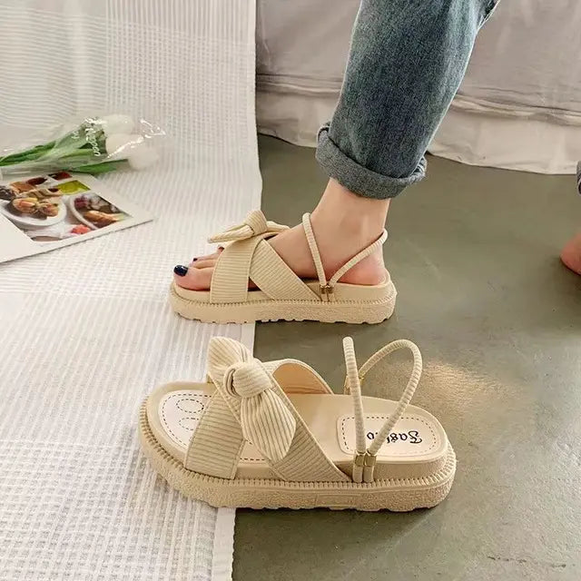 Damen Sandalen mit Schleife und Plateau für Sommermode-Beige-35-Luzern Mode