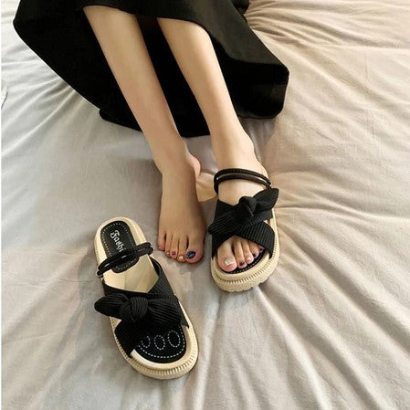 Damen Sandalen mit Schleife und Plateau für Sommermode-Schwarz-35-Luzern Mode