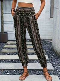 Boho High-Waist Damenhose mit Print & gesmoktem Bund – Linara