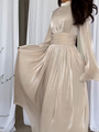 Maxikleid | Fließendem Schnitt | Lange Ärmel | Locker | Einfarbig-Beige-S-Luzern Mode