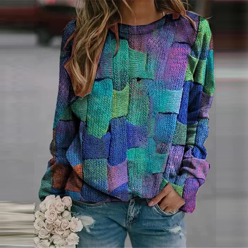 Damen Strickpullover mit Patchwork-Muster und Rundhals-Blau-XS-Luzern Mode