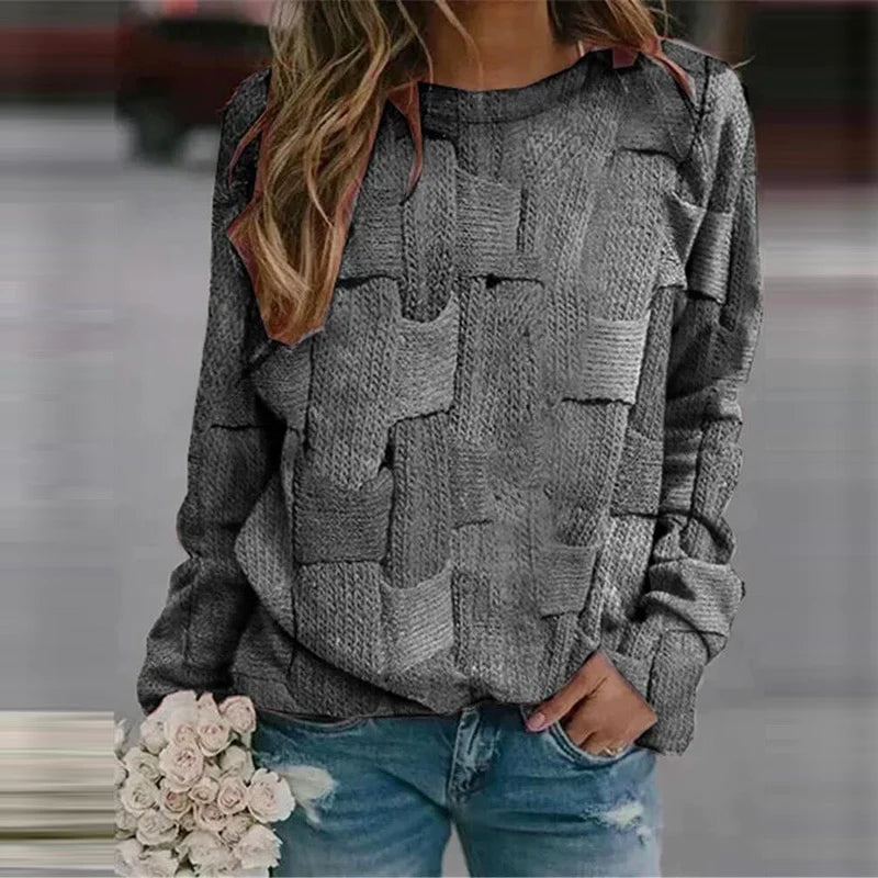 Damen Strickpullover mit Patchwork-Muster und Rundhals-Grau-XS-Luzern Mode