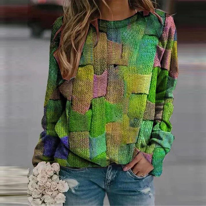 Damen Strickpullover mit Patchwork-Muster und Rundhals-Grün-XS-Luzern Mode