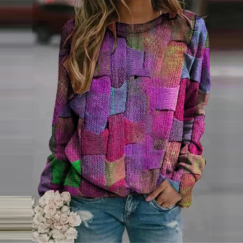 Damen Strickpullover mit Patchwork-Muster und Rundhals-Lila-XS-Luzern Mode