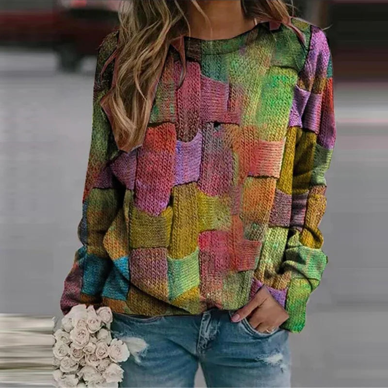 Damen Strickpullover mit Patchwork-Muster und Rundhals-Orange-XS-Luzern Mode