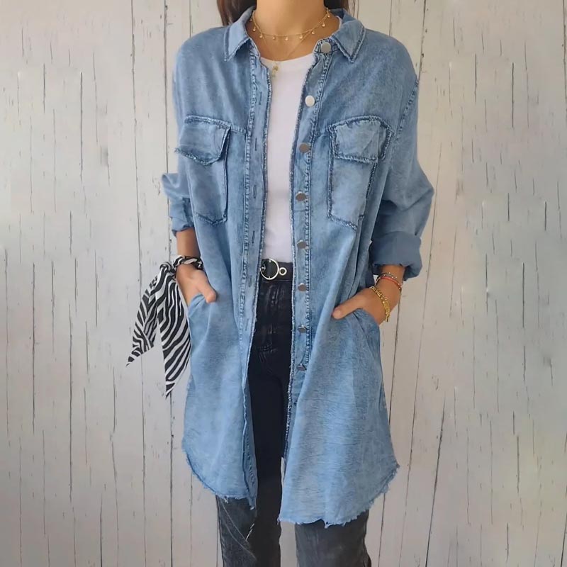 Damen Jeansjacke Langarm mit Taschen - Modische Übergangsjacke-Blau-M-Luzern Mode