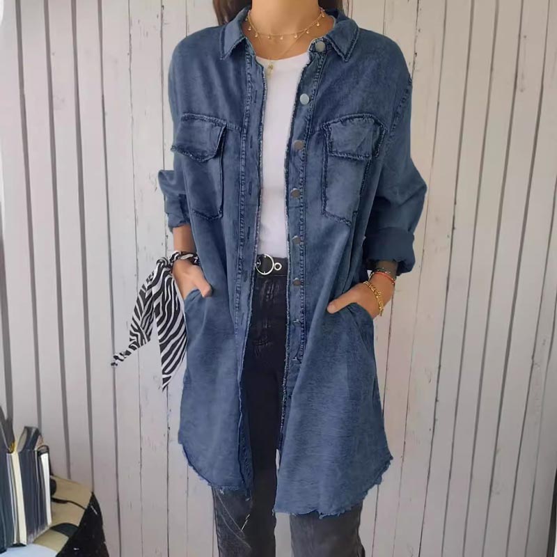 Damen Jeansjacke Langarm mit Taschen - Modische Übergangsjacke-Dunkelblau-M-Luzern Mode
