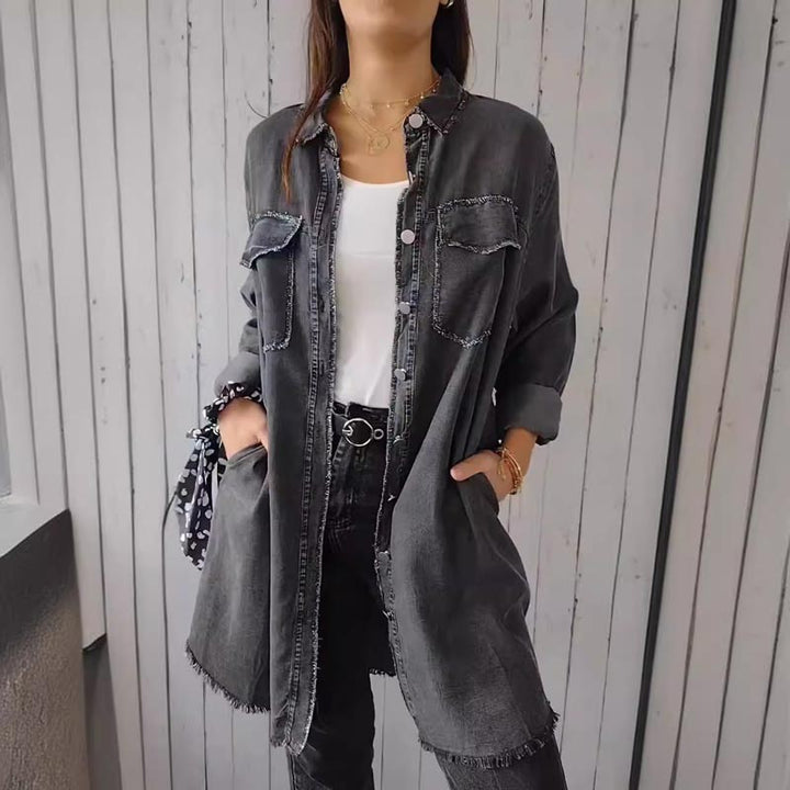 Damen Jeansjacke Langarm mit Taschen - Modische Übergangsjacke-Dunkelgrau-M-Luzern Mode