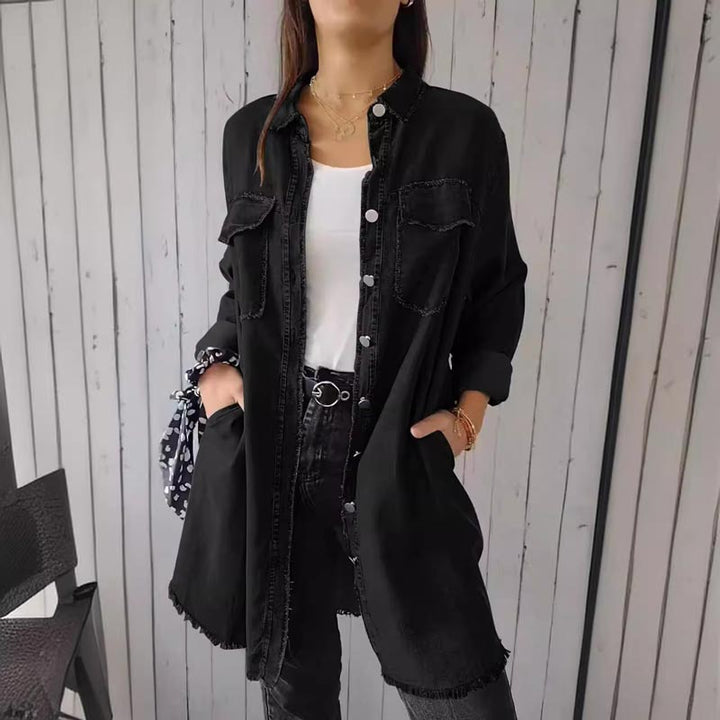 Damen Jeansjacke Langarm mit Taschen - Modische Übergangsjacke-Schwarz-M-Luzern Mode