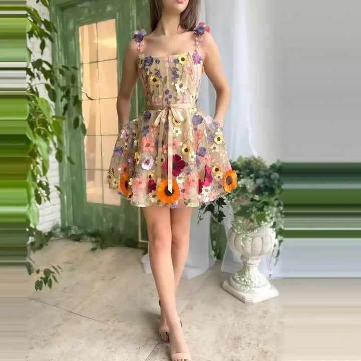 Besticktes Blumenkleid Damen - Elegantes Sommerkleid-Aprikose-XS-Luzern Mode
