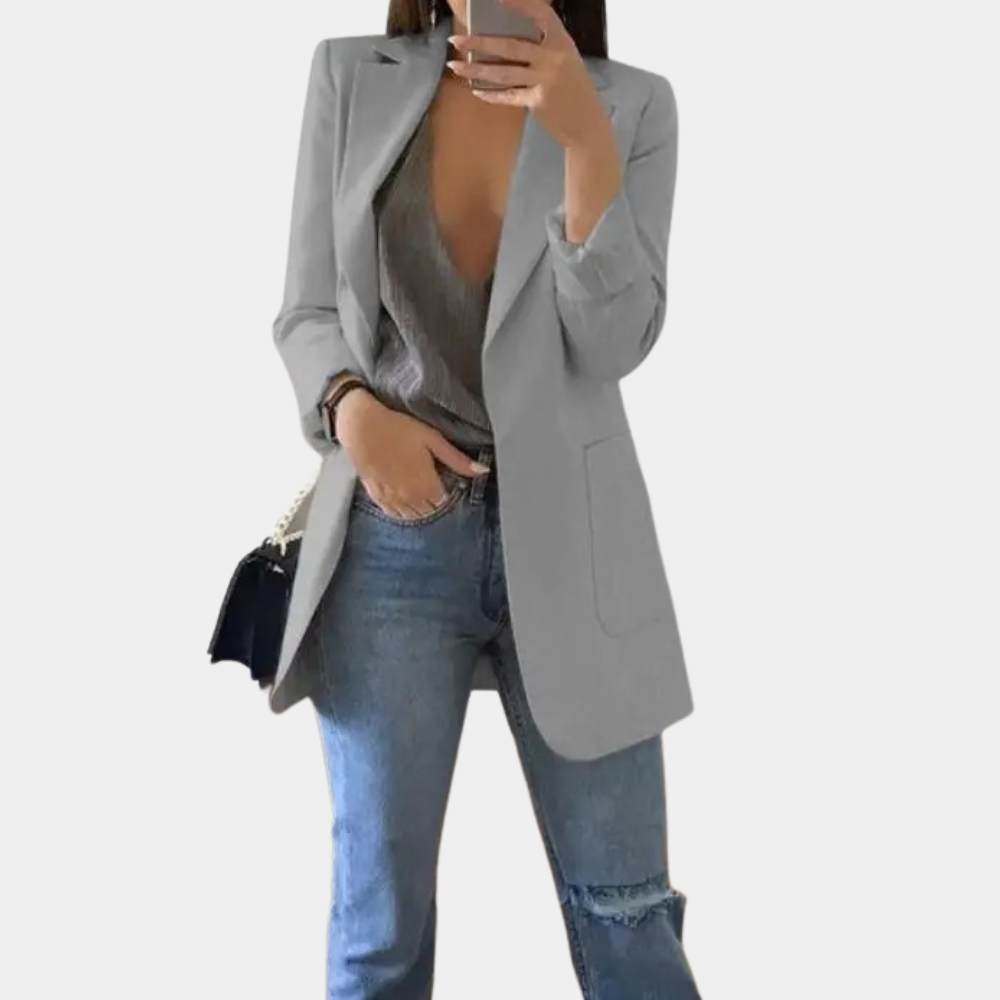 Damen Blazer Lang Elegant Büro Outfits für Business Look-Grau-S-Luzern Mode