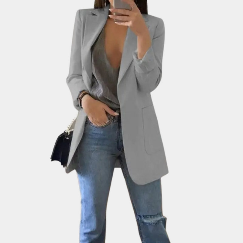 Damen Blazer Lang Elegant Büro Outfits für Business Look-Grau-S-Luzern Mode
