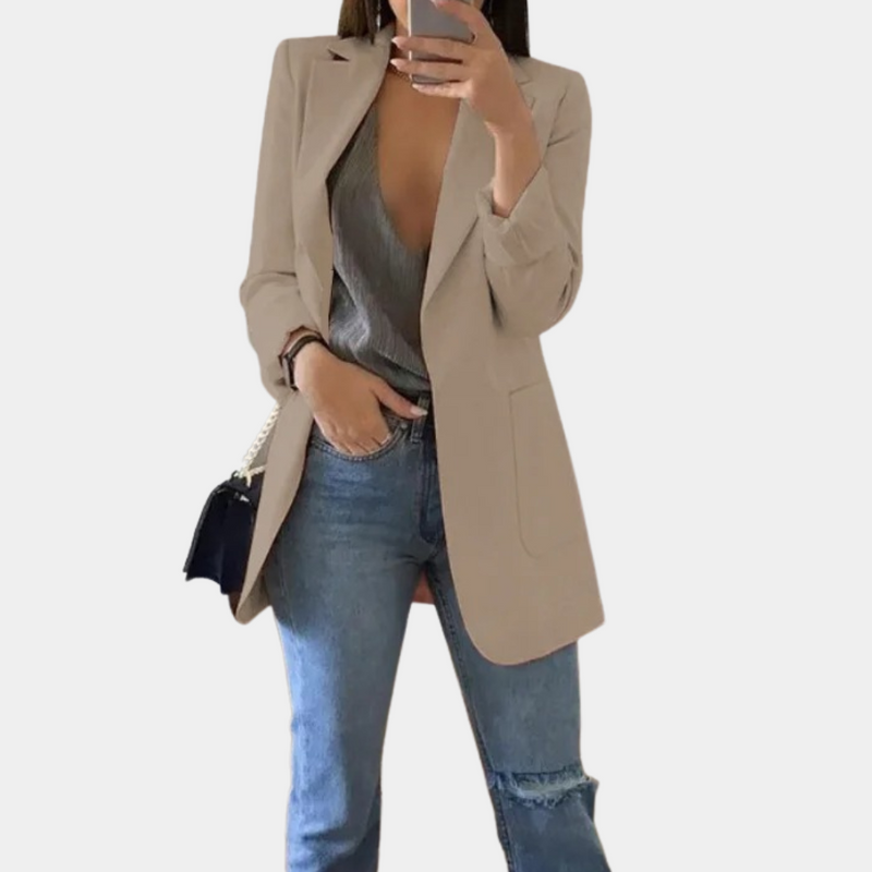 Damen Blazer Lang Elegant Büro Outfits für Business Look-Khaki-S-Luzern Mode