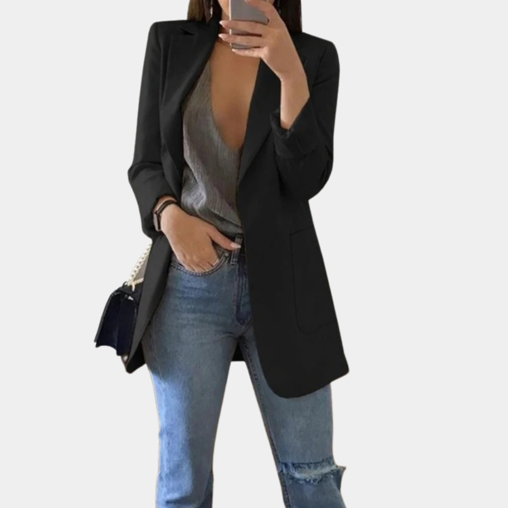 Damen Blazer Lang Elegant Büro Outfits für Business Look-Schwarz-S-Luzern Mode