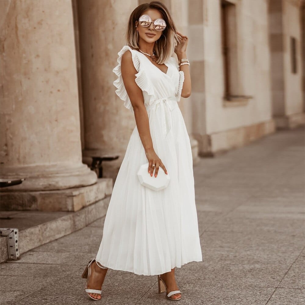 Boho Brautkleid mit V-Ausschnitt und Plissee-Design-XS-Luzern Mode