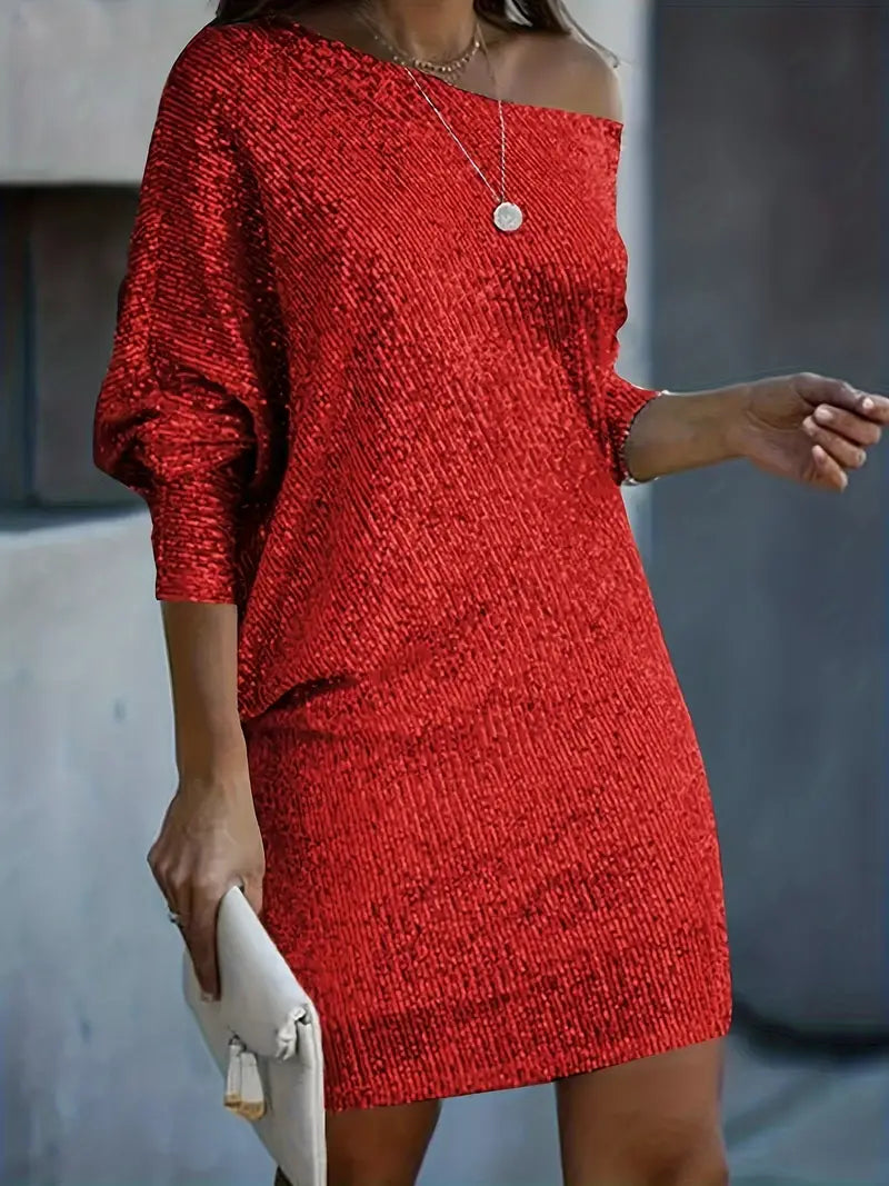 Festliches Kleid mit Pailletten | Midi-Länge | Lange Ärmel | Tailliert-Rot-S-Luzern Mode