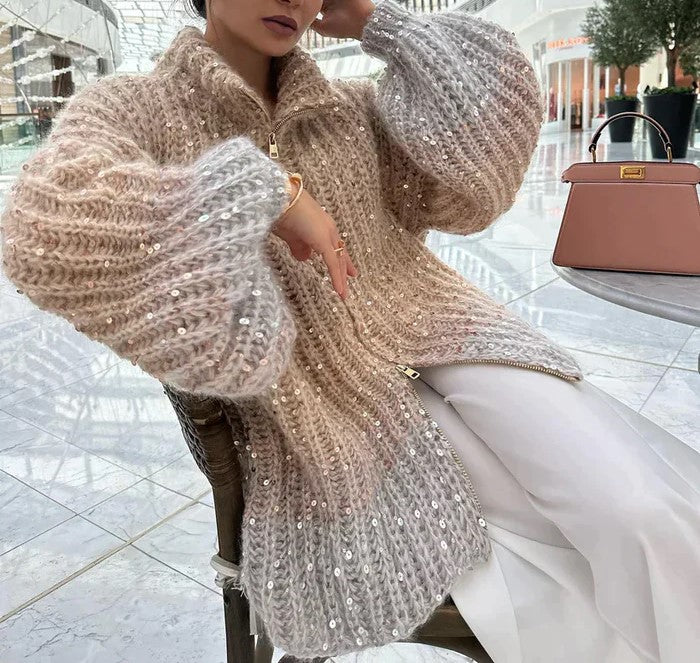 Luxuriöse Damen Strickjacke mit Pailletten und Reißverschluss-Luzern Mode