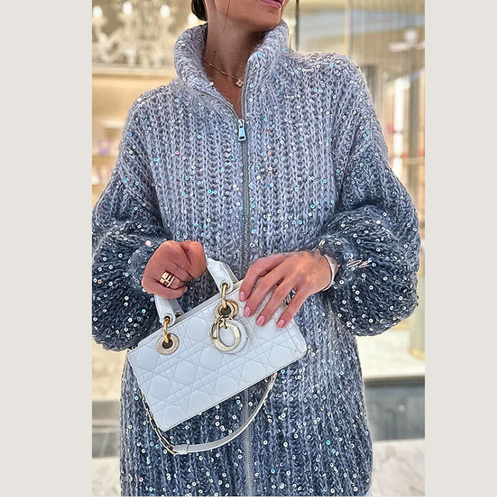 Luxuriöse Damen Strickjacke mit Pailletten und Reißverschluss-Blau-S-Luzern Mode