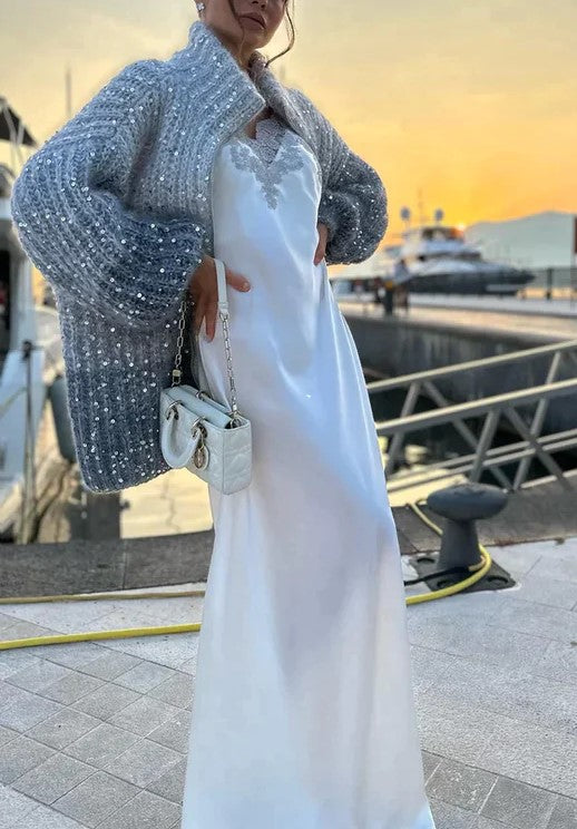 Luxuriöse Damen Strickjacke mit Pailletten und Reißverschluss-Luzern Mode