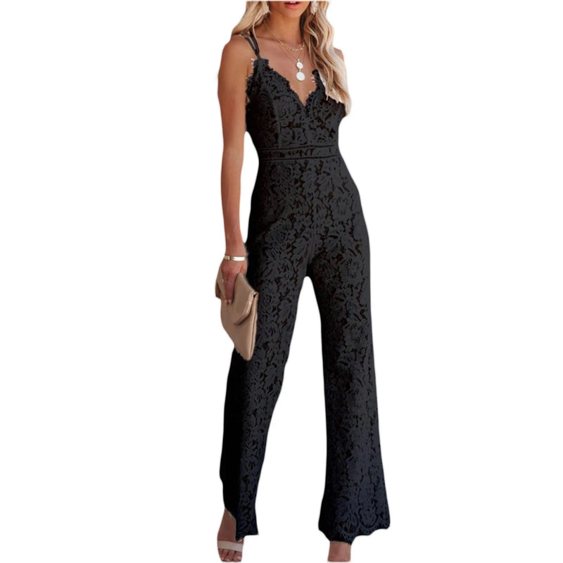 Damen Jumpsuit Spitze | Rückenfrei | Bodycon Schnitt | Sommerfest Abendlook-Schwarz-S-Luzern Mode