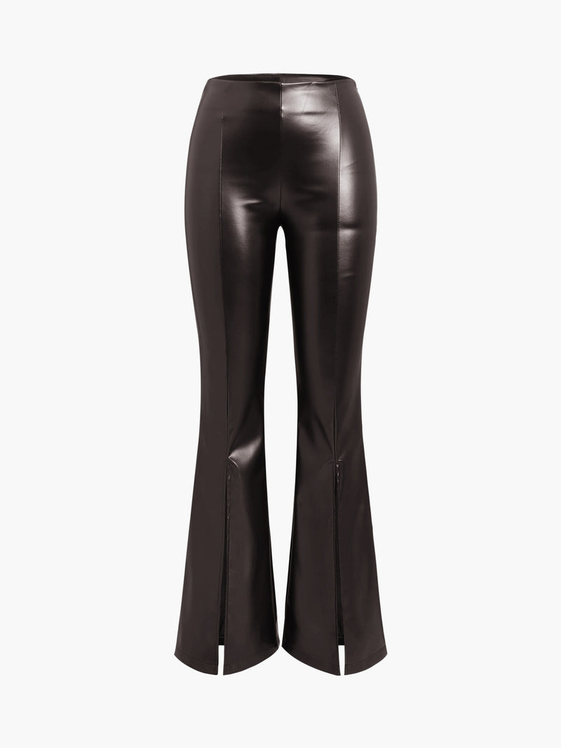 Damen Schlaghose aus Kunstleder mit Schlitz-Design-Dunkelbraun-XS-Luzern Mode