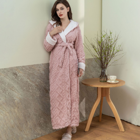 Luxuriöser Damen Bademantel mit Kapuze und Gürtel-Rosa-M-Luzern Mode