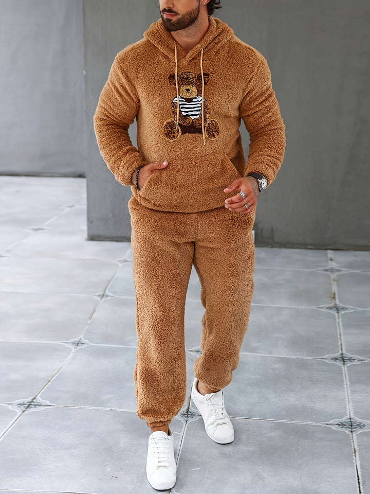 Herren Fleece Jogginganzug mit Kapuze für Freizeit und Sport-Braun-S-Luzern Mode