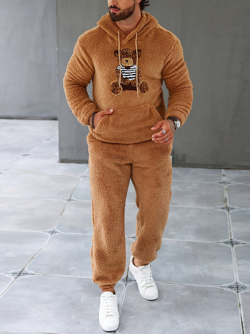 Herren Fleece Jogginganzug mit Kapuze für Freizeit und Sport-Braun-S-Luzern Mode