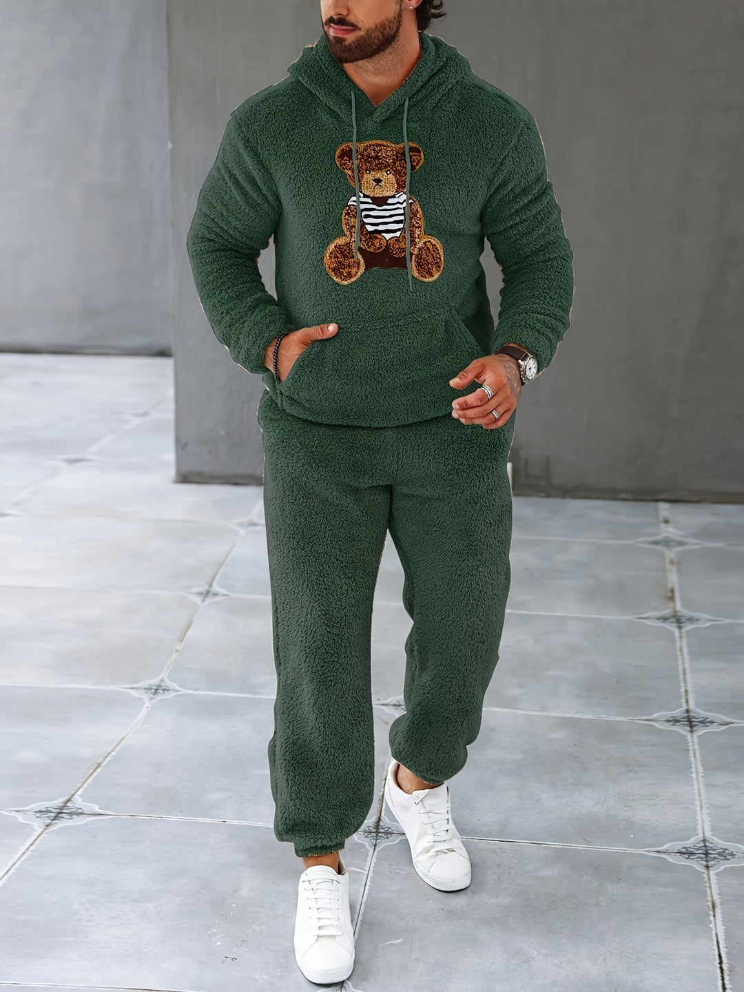 Herren Fleece Jogginganzug mit Kapuze für Freizeit und Sport-Dunkelgrün-S-Luzern Mode
