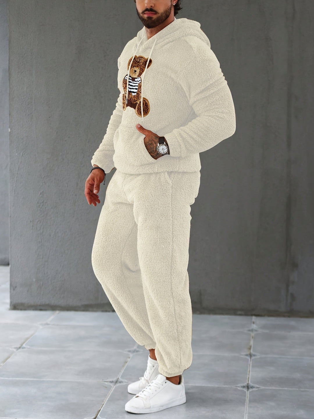 Herren Fleece Jogginganzug mit Kapuze für Freizeit und Sport-Weiß-S-Luzern Mode