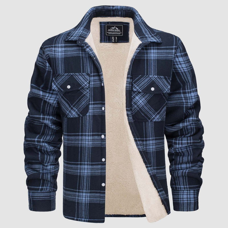 Herren Flanellhemd mit Fleece-Futter und Karomuster-Grau Blau-S-Luzern Mode