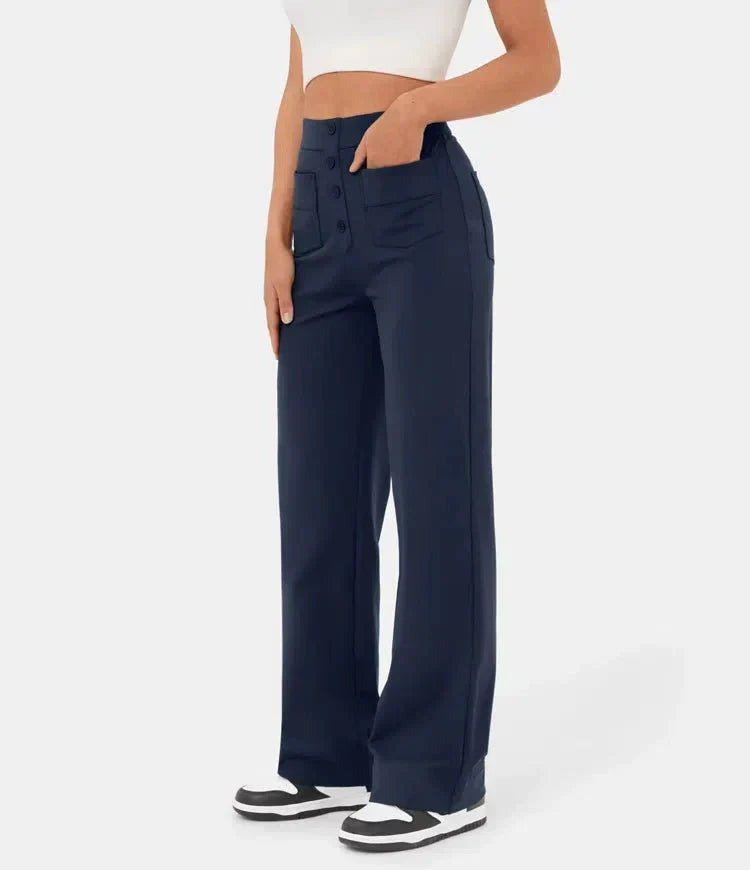Damen High Waist Hose mit weitem Bein und Taschen-Navy-S (36)-Luzern Mode