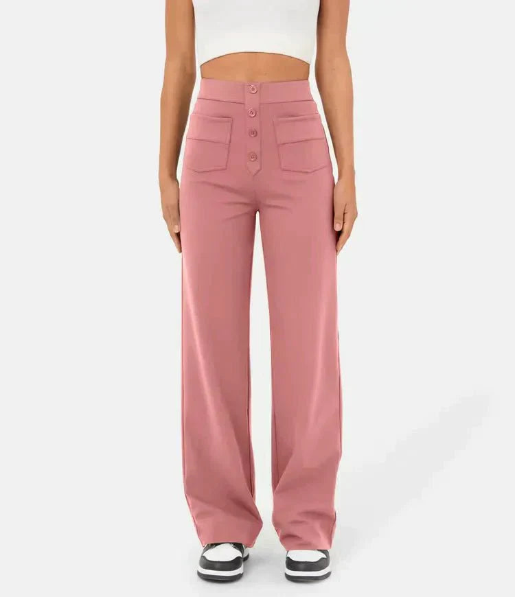 Damen High Waist Hose mit weitem Bein und Taschen-Rosa-S (36)-Luzern Mode