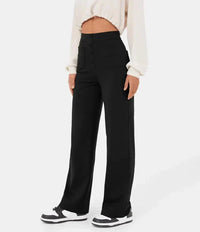 Damen High Waist Hose mit weitem Bein und Taschen-Schwarz-S (36)-Luzern Mode