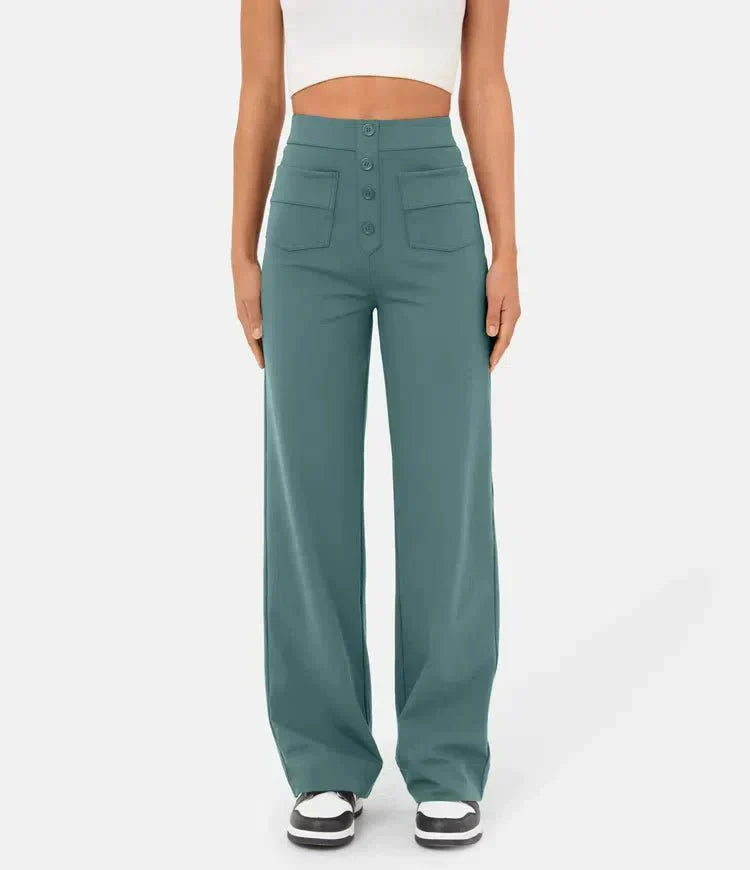 Damen High Waist Hose mit weitem Bein und Taschen-Stone Green-S (36)-Luzern Mode