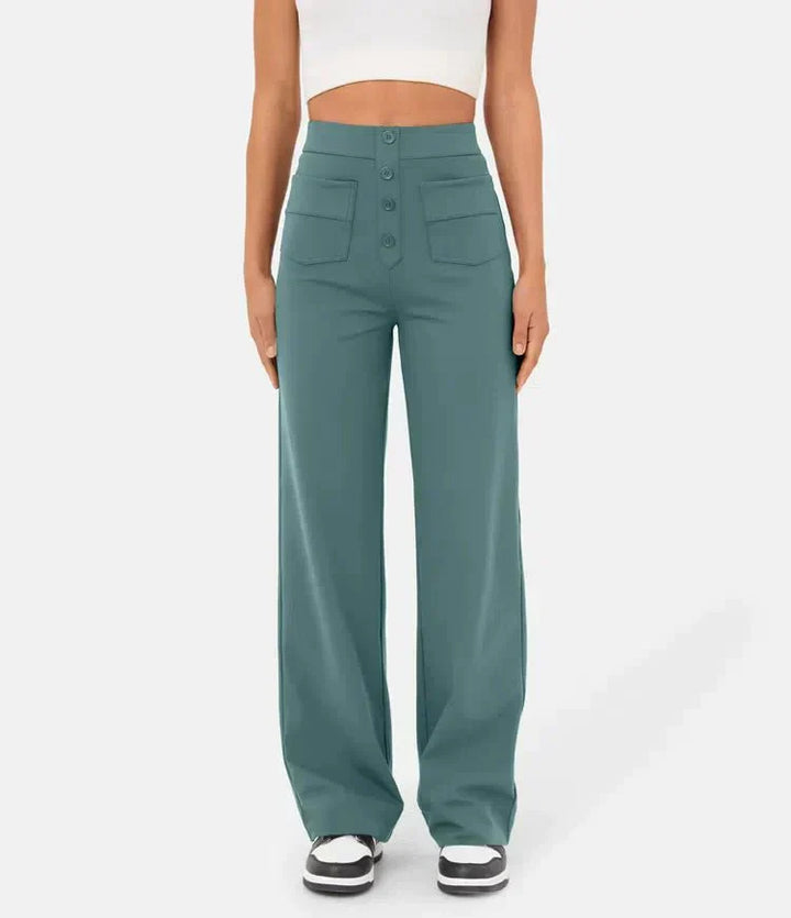 Damen High Waist Hose mit weitem Bein und Taschen-Stone Green-S (36)-Luzern Mode