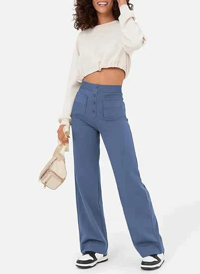 Damen High Waist Hose mit Taschen - Elegante Freizeithose-Blau-S-Luzern Mode