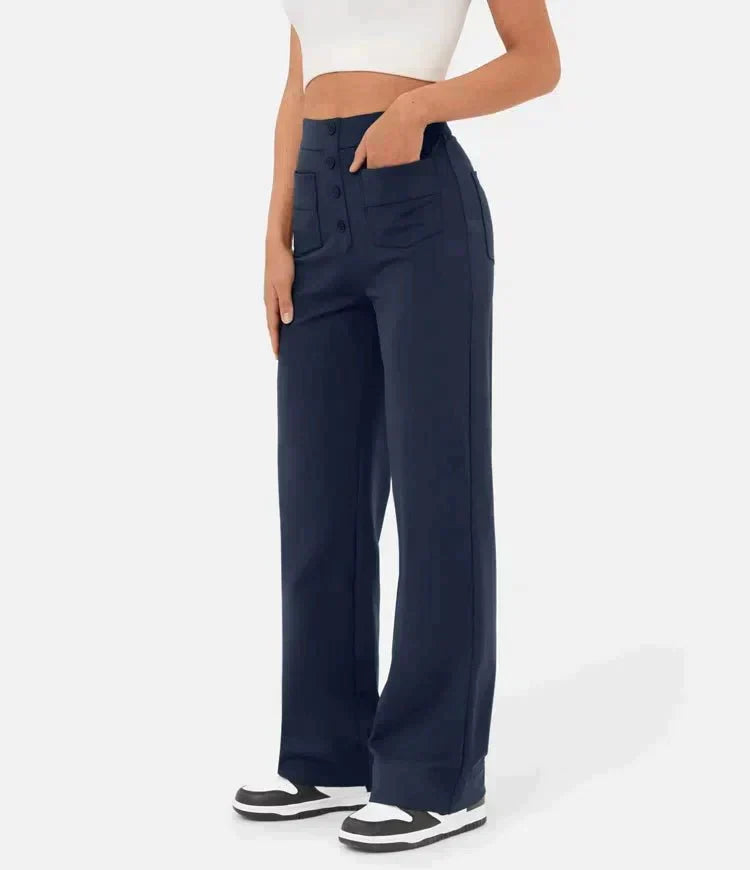 Damen High Waist Hose mit Taschen - Elegante Freizeithose-Dunkelblau-S-Luzern Mode