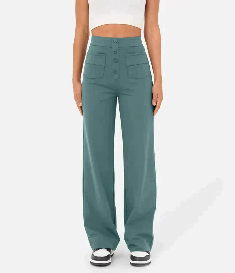 Damen High Waist Hose mit Taschen - Elegante Freizeithose-Grün-S-Luzern Mode